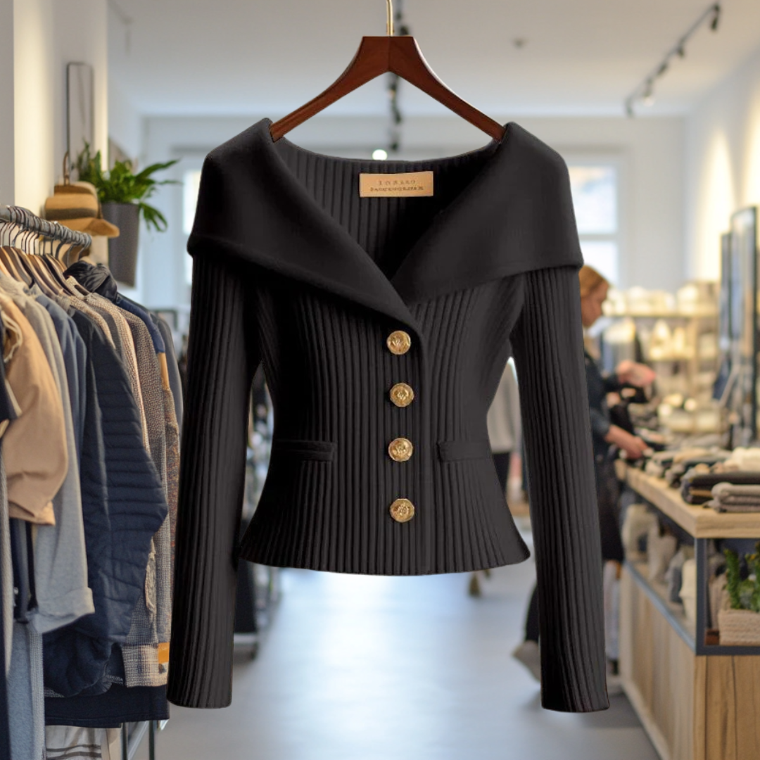 Ribbed women's cardigan with shawl collar, long sleeves and button front
