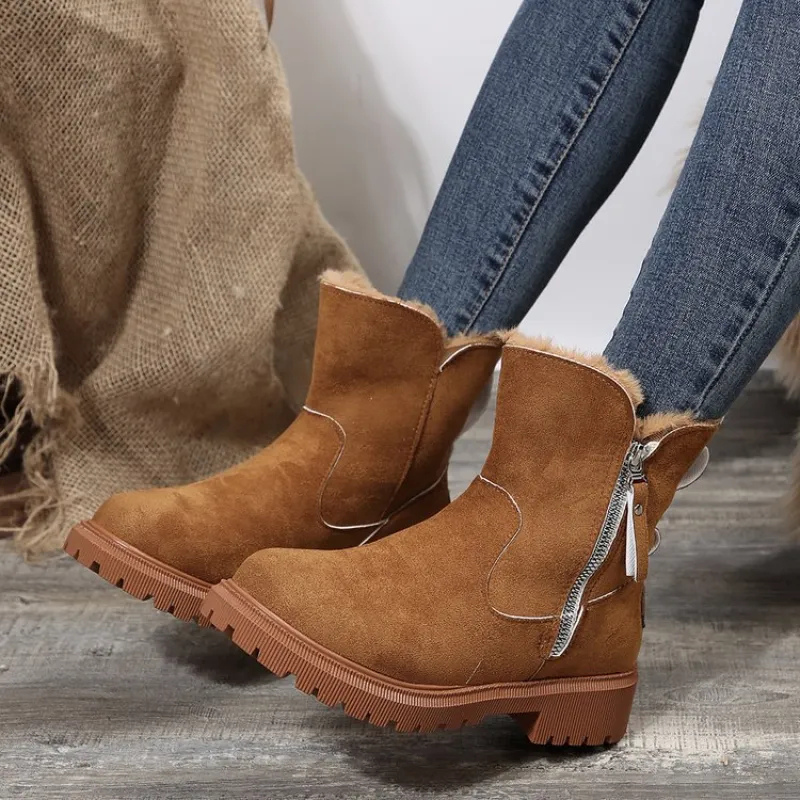 Women's ankle boots with plush fur cuffs, side zips and lugged soles