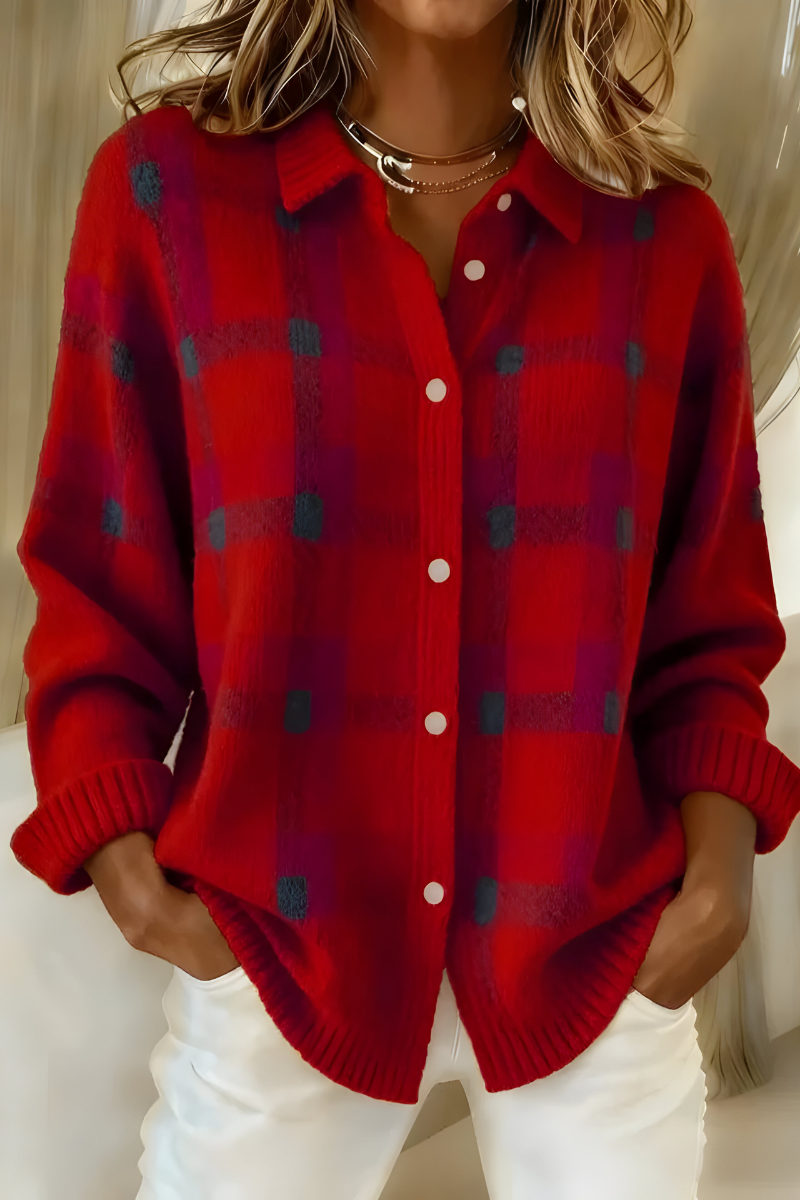 Women's checked button-front cardigan with shirt collar and long sleeves