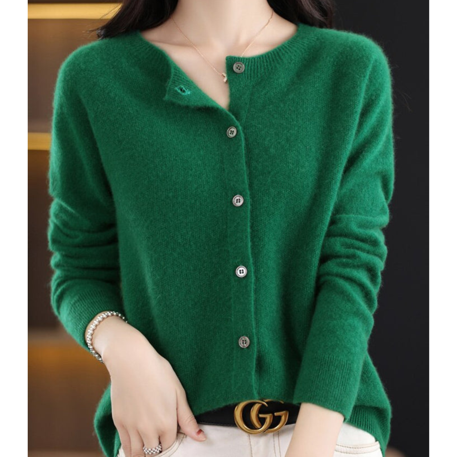 Women's Cardigan Merino Wool V-Neck Long Sleeve - Dark Green