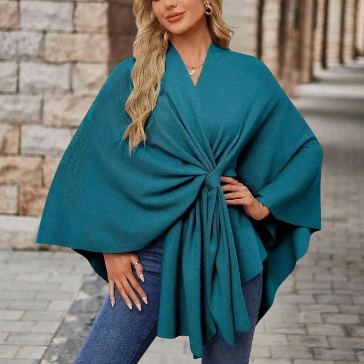 Women's batwing draped cape coat with tie waist and V-neckline