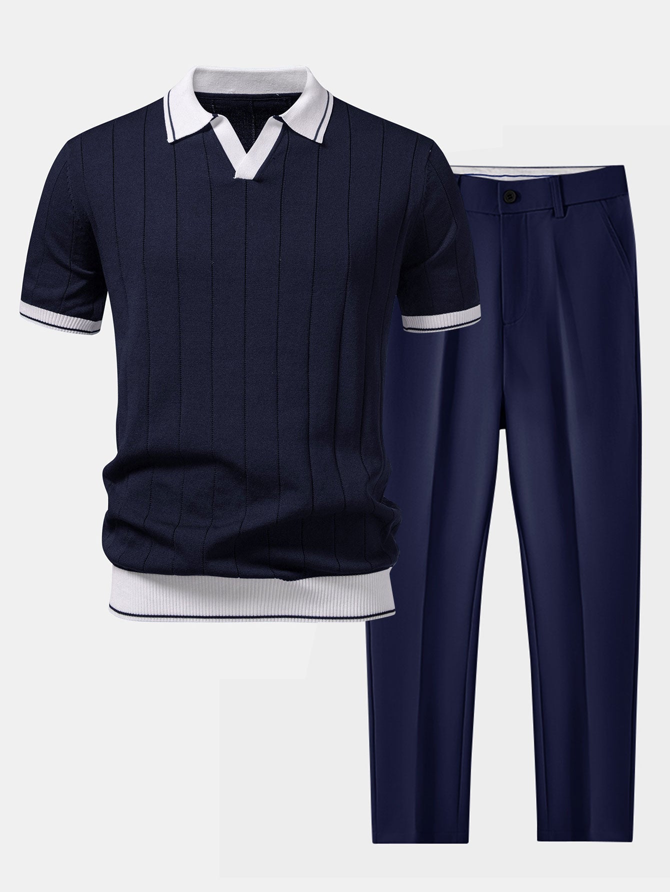 Men's Knit Polo Set Striped V-Neck - Navy