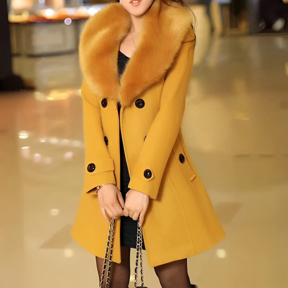 Women's button-front coat with a wide textured collar and long sleeves