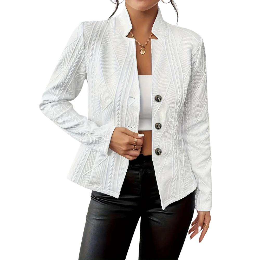 Women's textured tailored blazer with mandarin collar and button front