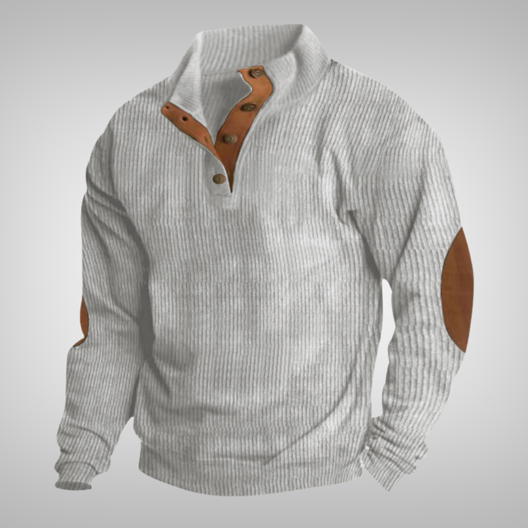 Men's ribbed jumper with stand collar, button neck and brown elbow patches