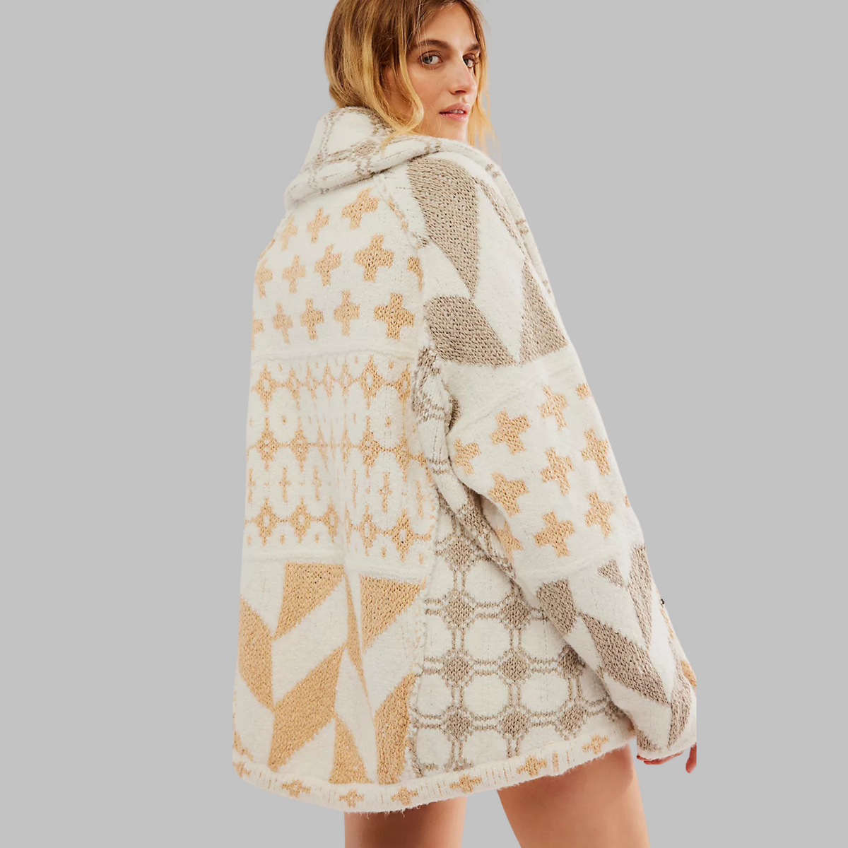 Women's oversized multi-patterned cardigan with shawl collar and button front