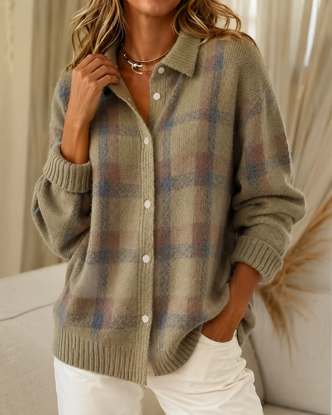 Women's checked knitted cardigan with collared neckline and button front