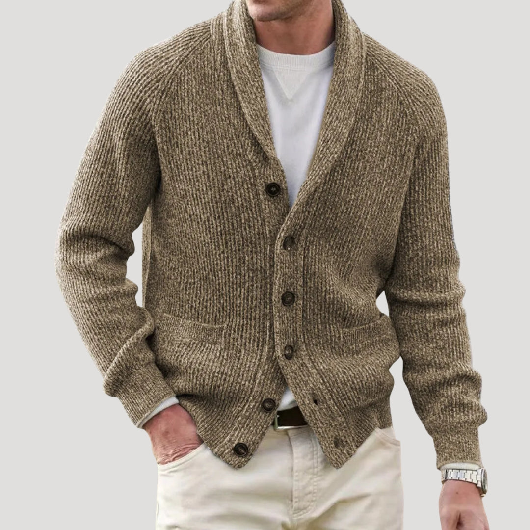 Men's ribbed knit cardigan with shawl collar, button front and long sleeves