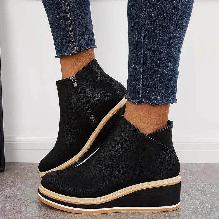 Women's ankle boots with side zip, rounded toe and high wedge platform