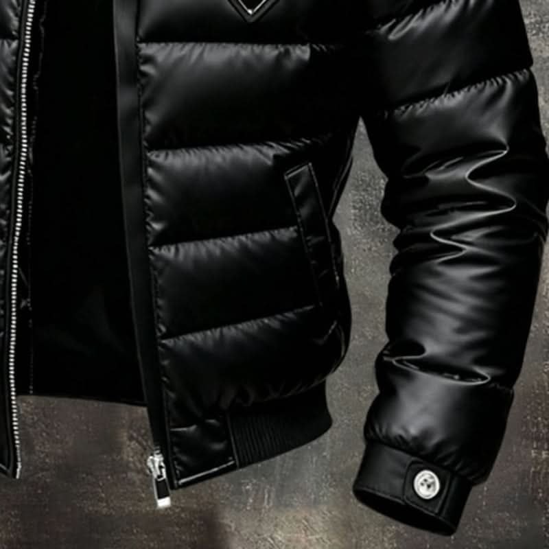 Men's black quilted puffer jacket with raised collar and front zip