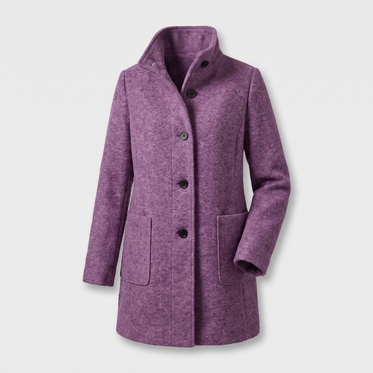 Women's longline coat with raised collar, button front and patch pockets