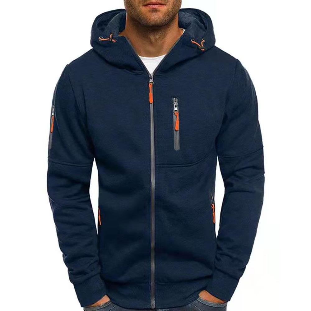 Men's hooded zip-up jacket with multiple zipped pockets and long sleeves