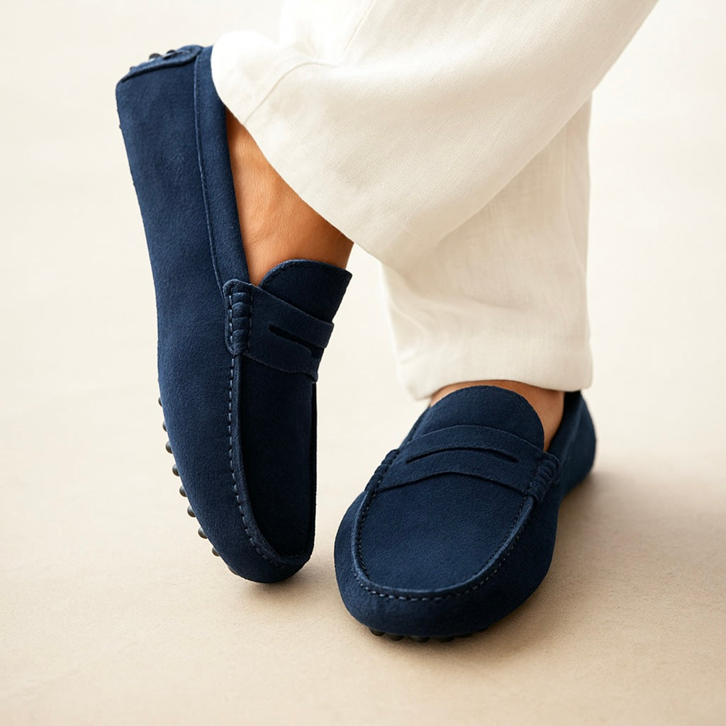 Men's suede boat loafers with moc toe and vamp strap