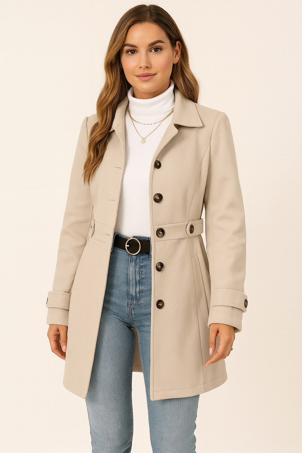 Women's belted trench coat with lapel collar and button front