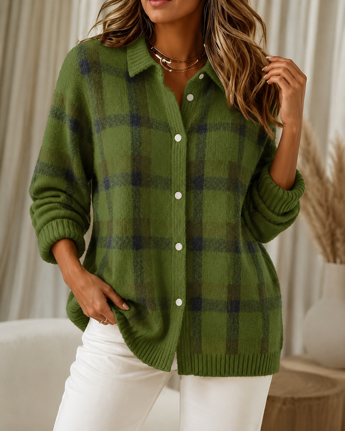 Women's checked knitted cardigan with collared neckline and button front