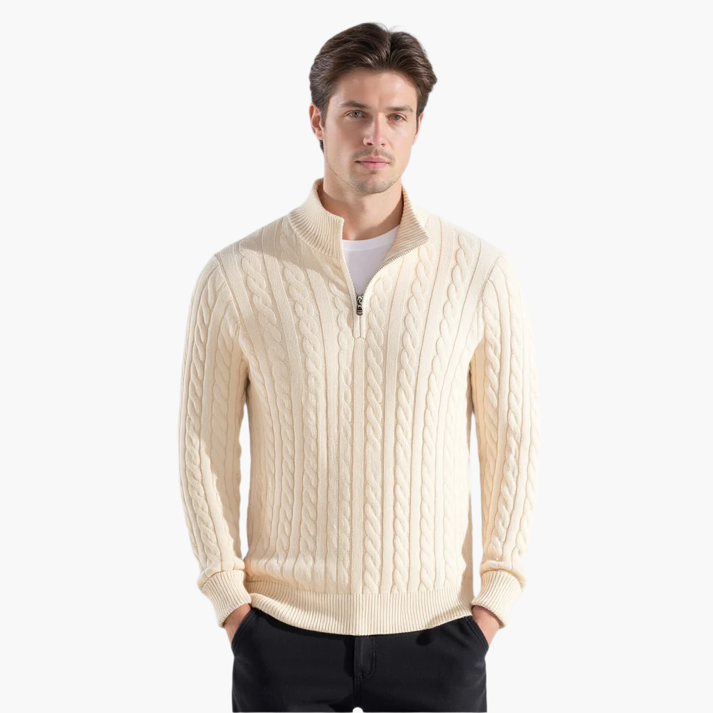 Men's cable knit quarter-zip sweaters in five colours