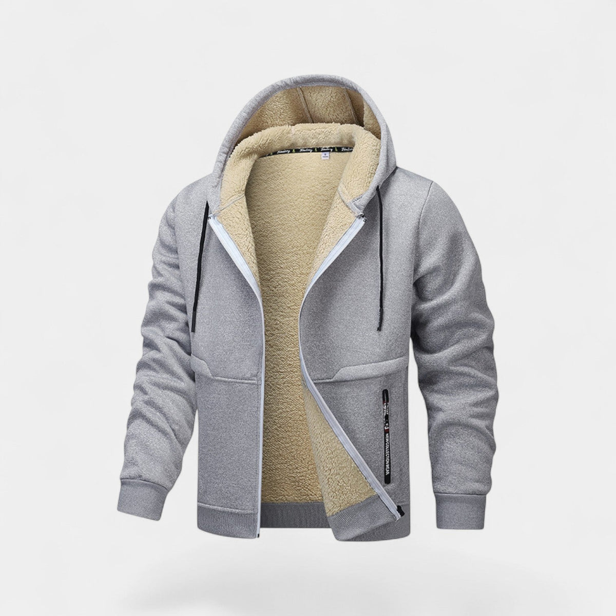 Men's hooded zip cardigan with cream sherpa-style lining and front pockets