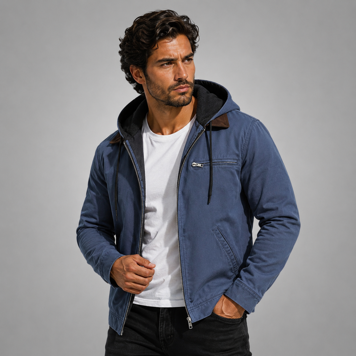Men's hooded fleece-lined jacket with zip fastening, chest pocket and ribbed trims