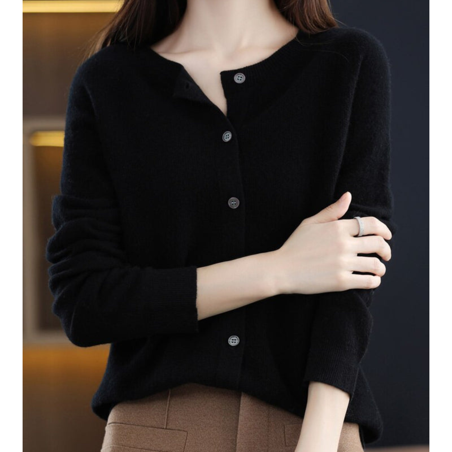Women's Cardigan Merino Wool V-Neck Long Sleeve - Black