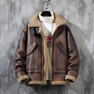Men's shearling-lined jacket with contrast collar, cuffs and front pockets