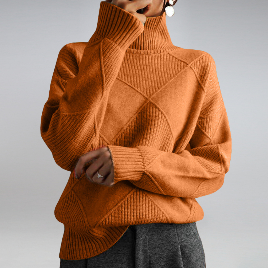 Women's geometric turtleneck sweater with long sleeves and ribbed trims