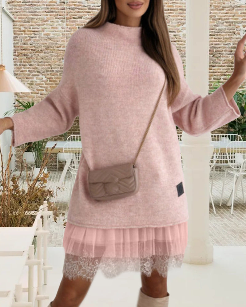 Women's layered dress set with high-neck jumper and sheer ruffle hem
