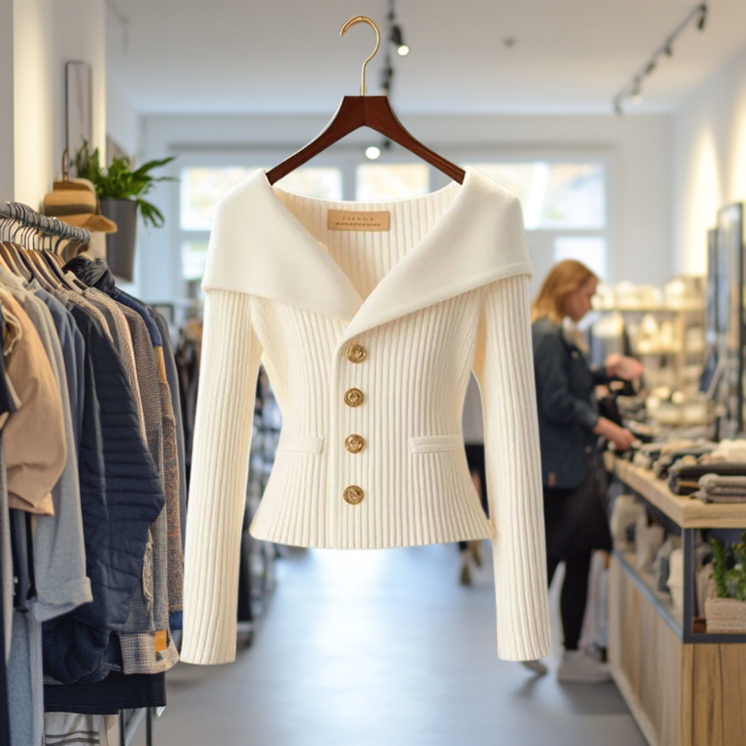 Ribbed women's cardigan with shawl collar, long sleeves and button front