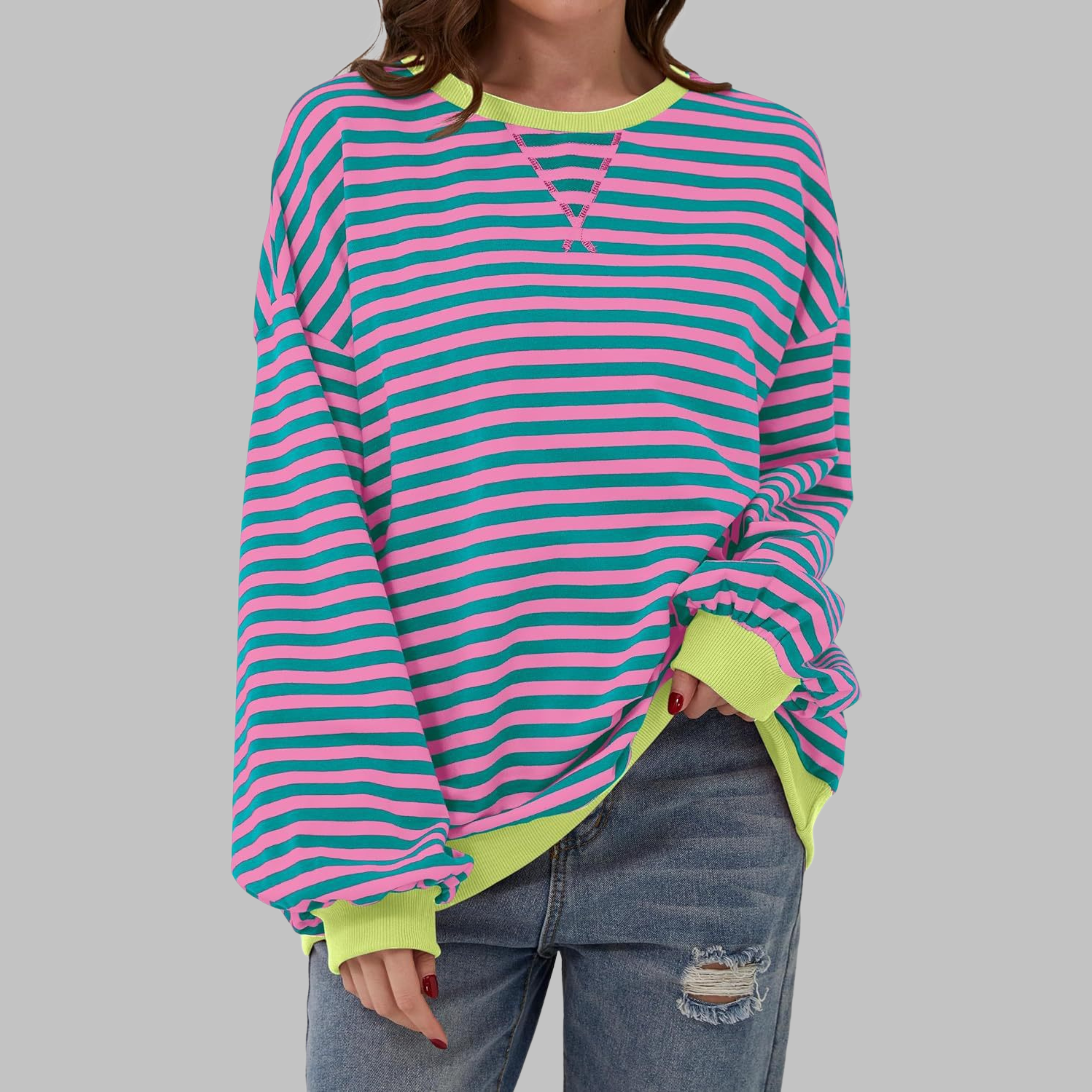 Women's Striped Jumper Long Sleeve Crew Neck - Pink