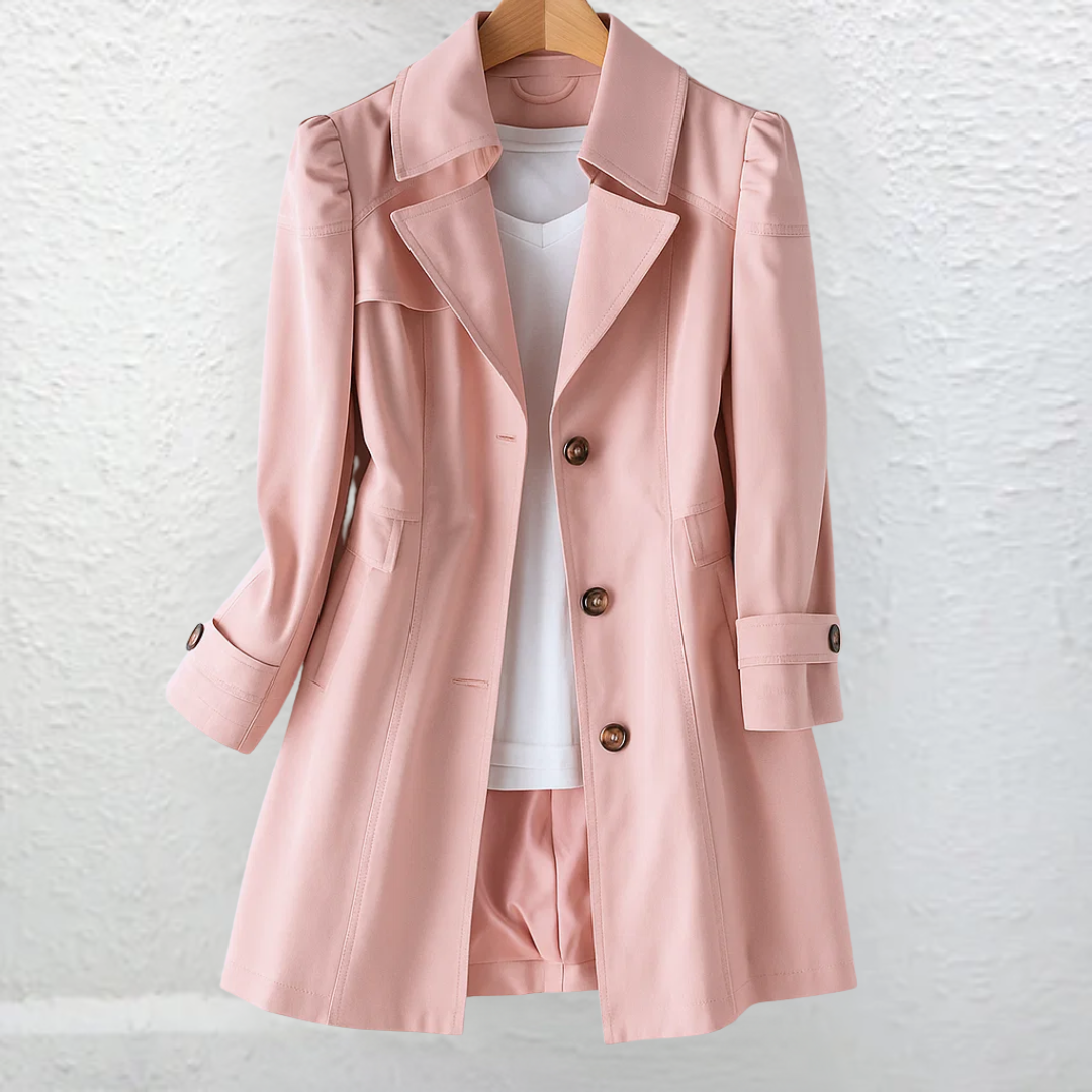 Women's tailored knee-length trench coat with notched lapels and button fastening