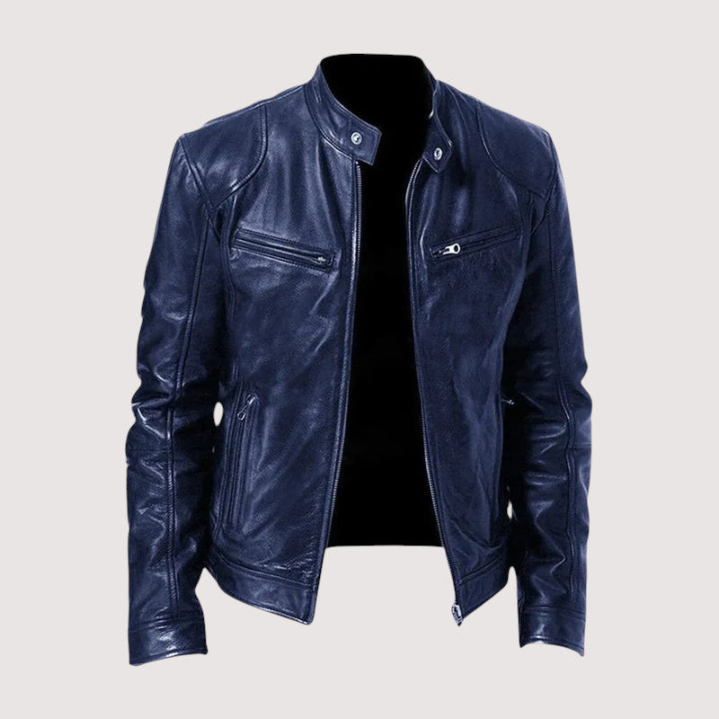 Men's solid biker jacket with stand collar, long sleeves and zipped pockets