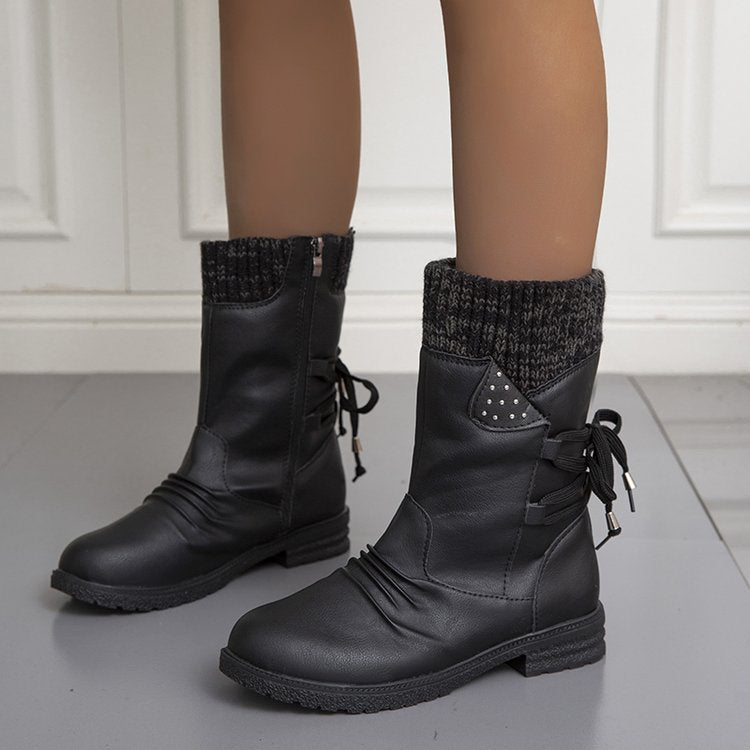 Women's mid-calf boots with side zips, lace-up detail, knitted cuffs and low heels