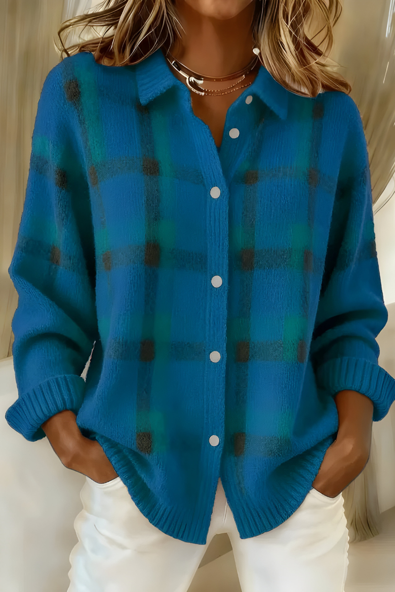 Women's checked button-front cardigan with shirt collar and long sleeves