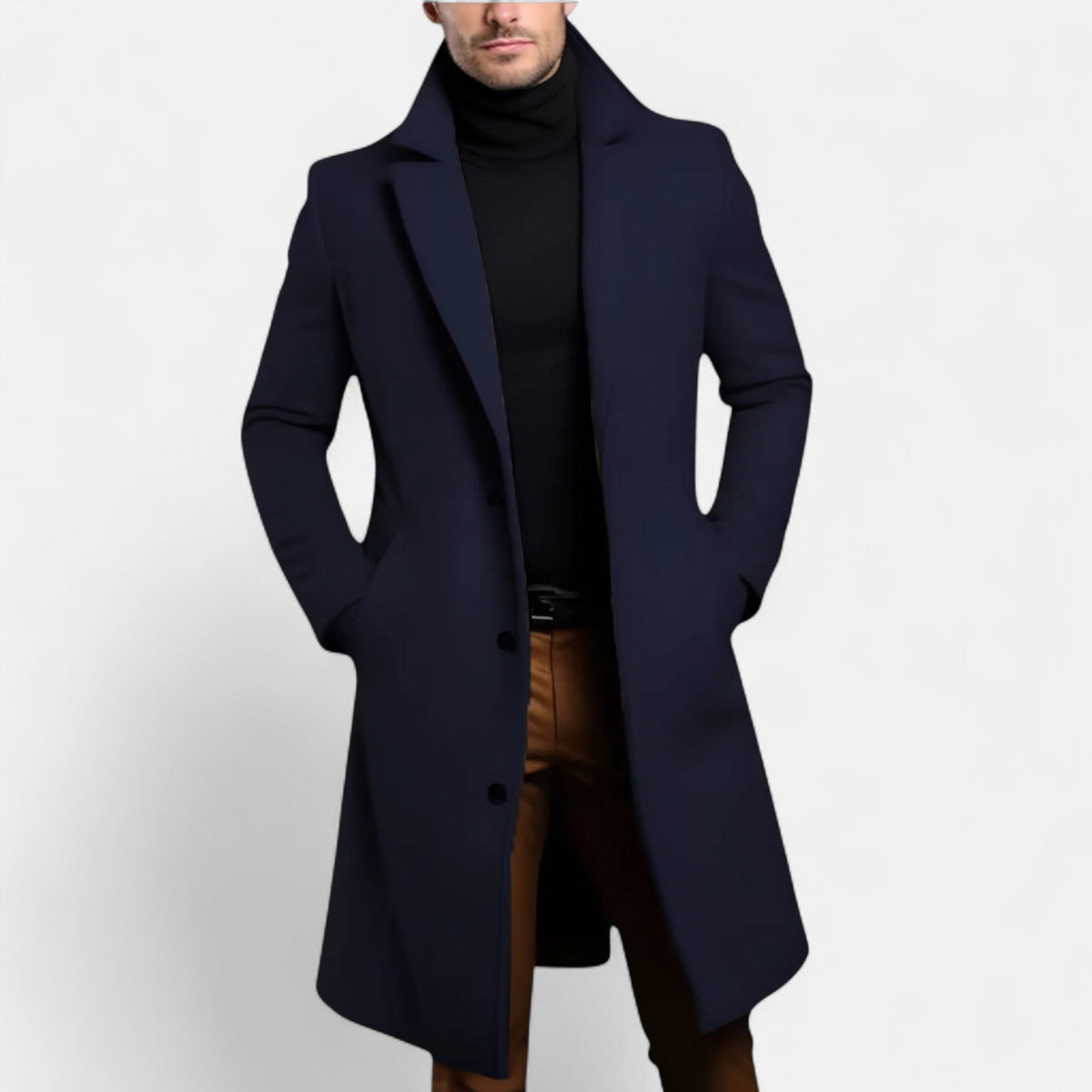 Men's long overcoat with lapels, button front and side pockets