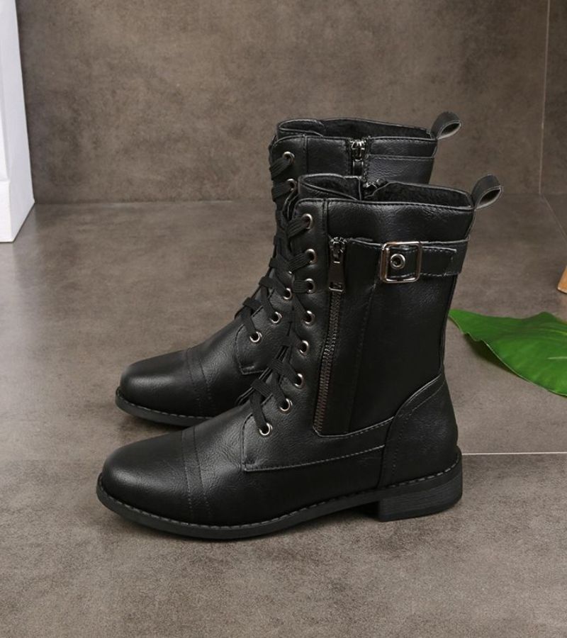 Women's mid-height combat boots with laces, side zip and buckle detail