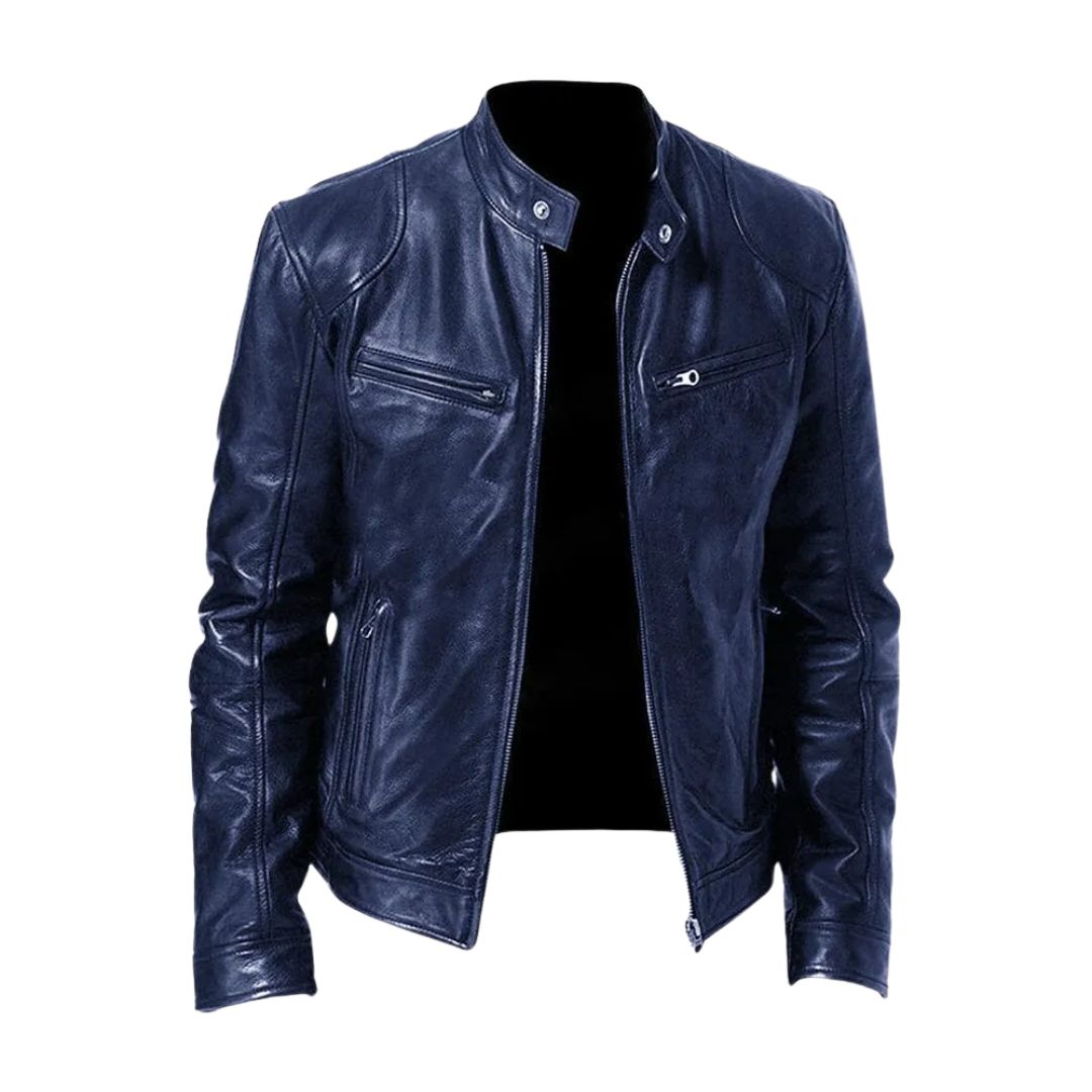 Men's zip-front biker jacket with stand collar and multiple zipped pockets