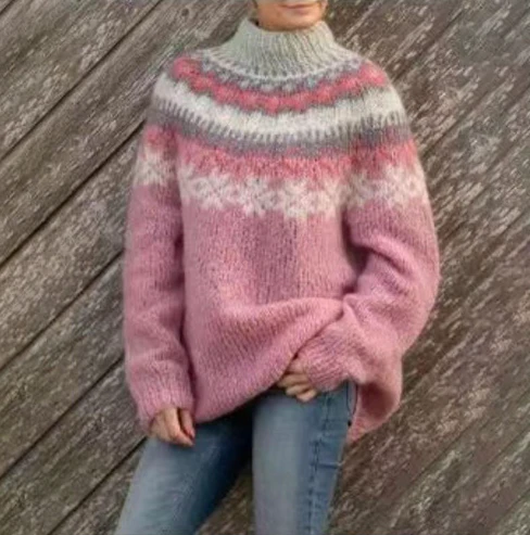 Women's knitted jumper with Nordic geometric pattern, crew neck and long sleeves
