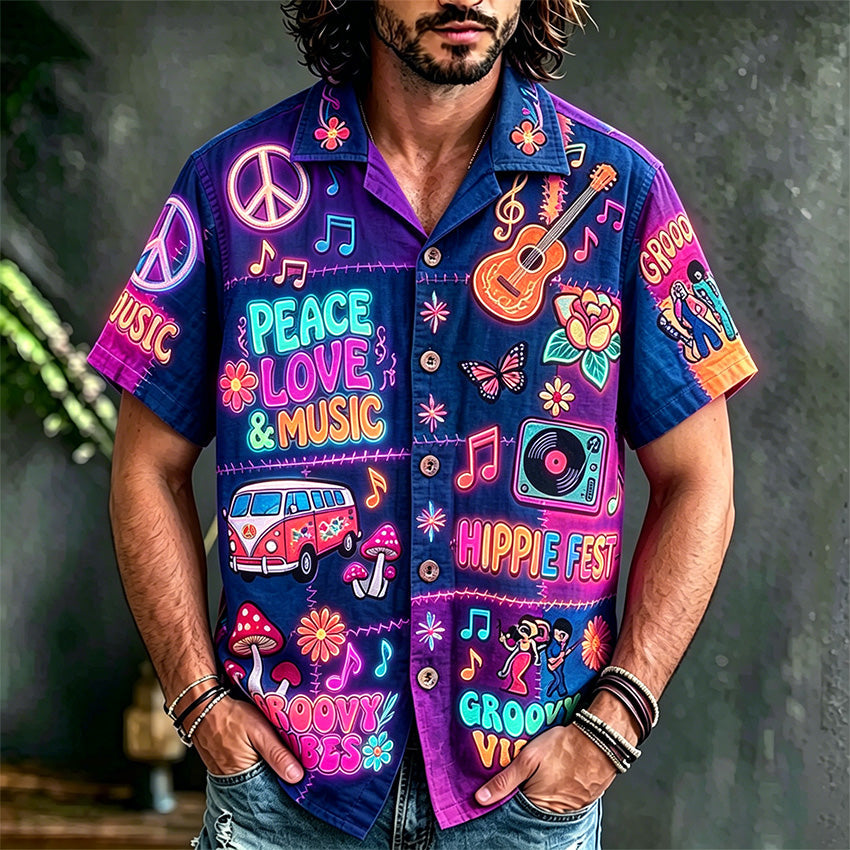 Men's short-sleeve patchwork shirt with peace, love and music illustrations