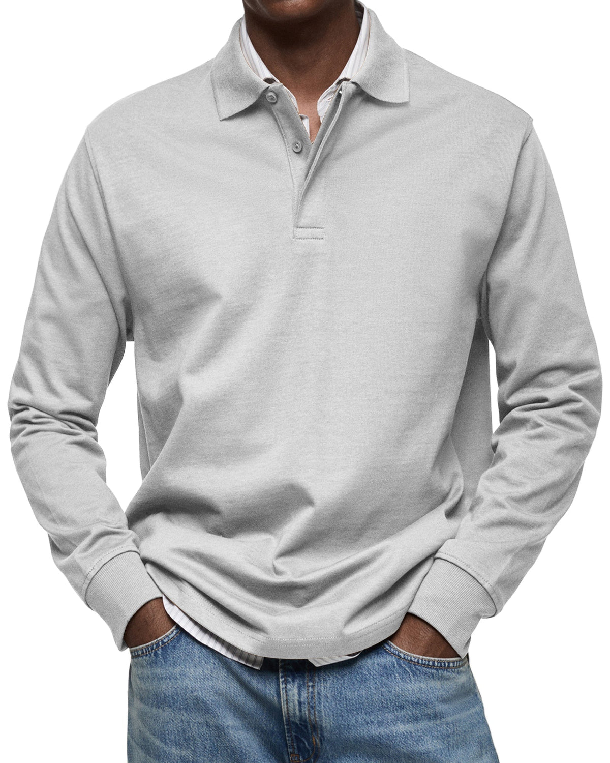 Men's long-sleeve polo jumper with collared neckline and button placket