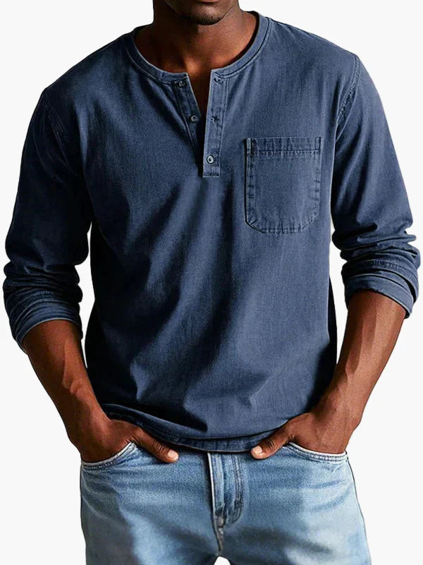 Men's long sleeve Henley shirt with Mandarin collar and chest pocket