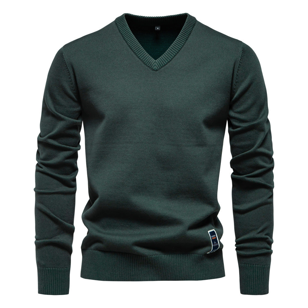 Men's Jumper V-Neck Fine Knit Long Sleeve - Green