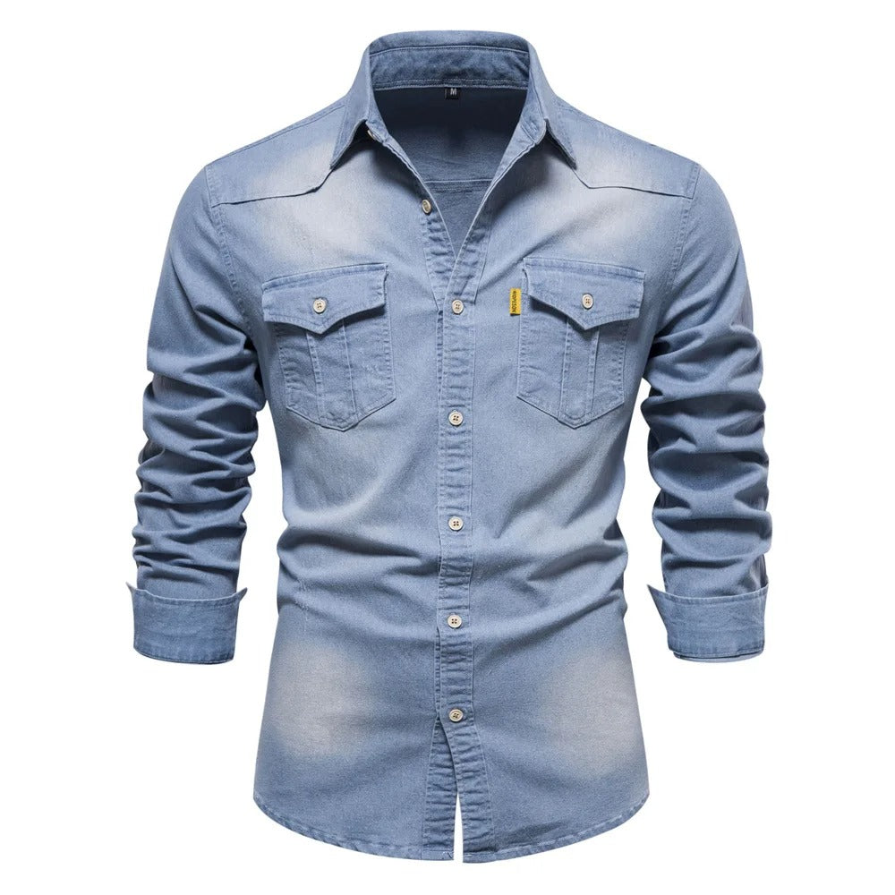 Men's Denim Shirt Western Dual Chest Pockets Long Sleeve - Blue
