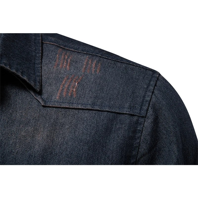 Men's Denim Shirt Western Dual Chest Pockets Long Sleeve - Navy