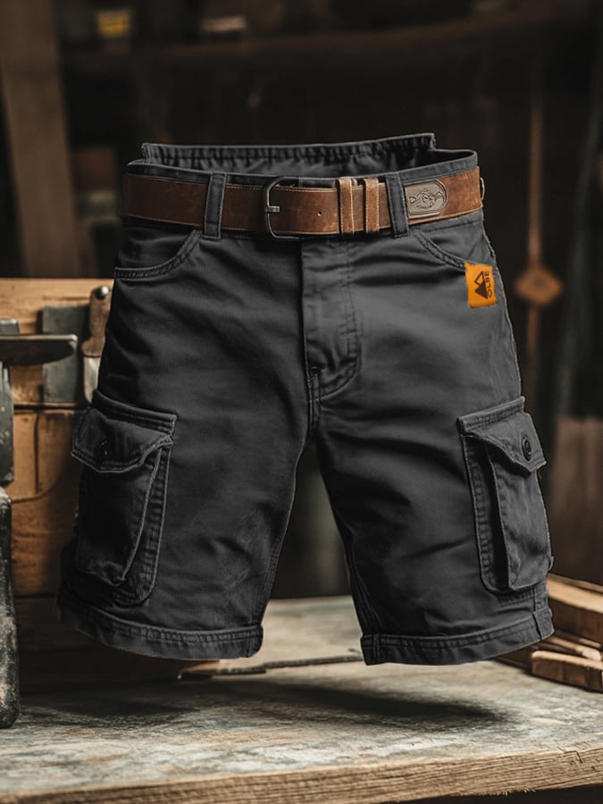 Men's Cargo Shorts Vintage Wash Belted Multi-Pocket - Black