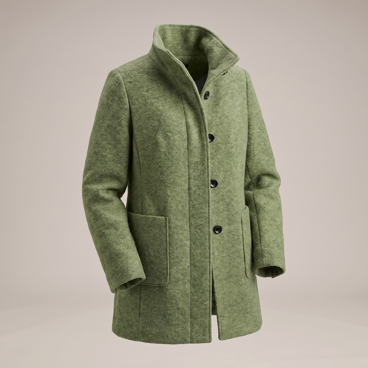 Women's longline coat with raised collar, button front and patch pockets