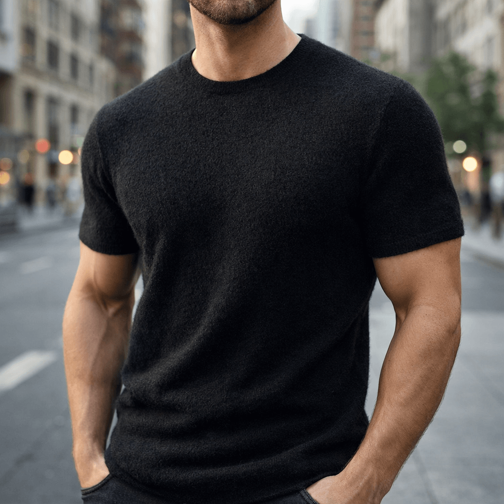 Men's short-sleeve knitted crew neck T-shirt with ribbed edging