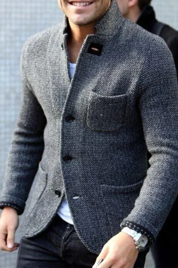 Men's textured button cardigan with stand collar and patch pockets
