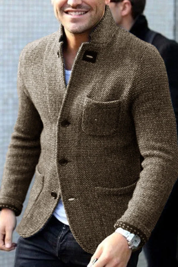 Men's textured button cardigan with stand collar and patch pockets