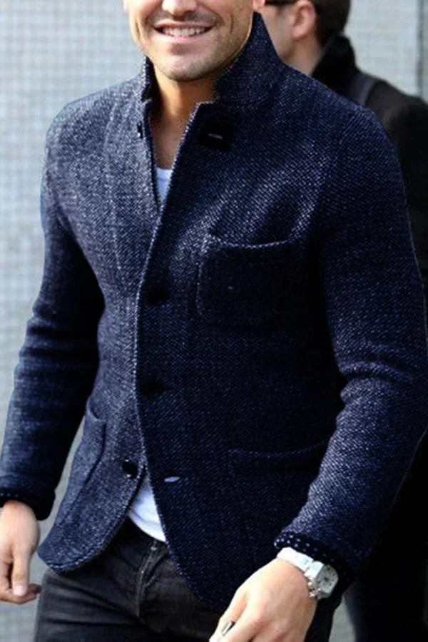 Men's textured button cardigan with stand collar and patch pockets