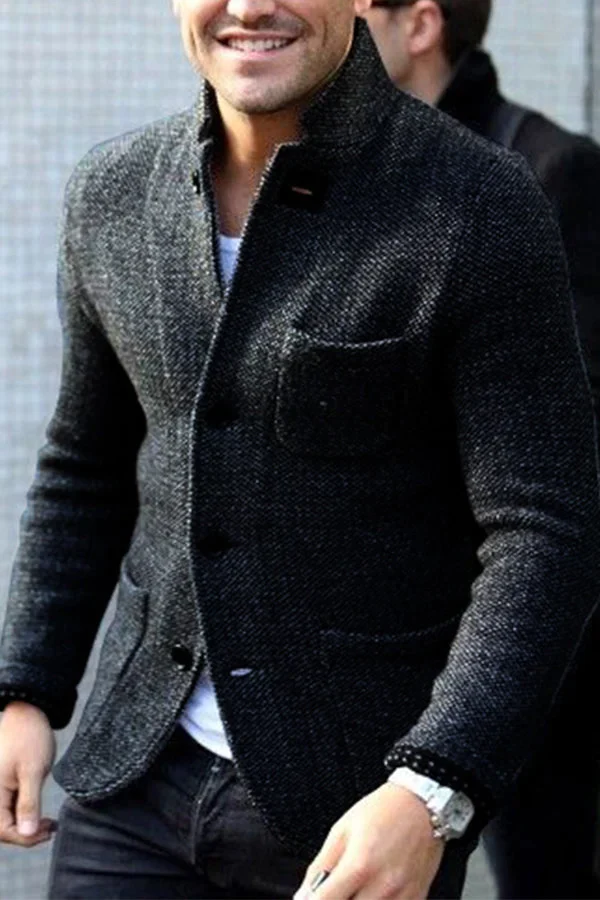 Men's textured button cardigan with stand collar and patch pockets