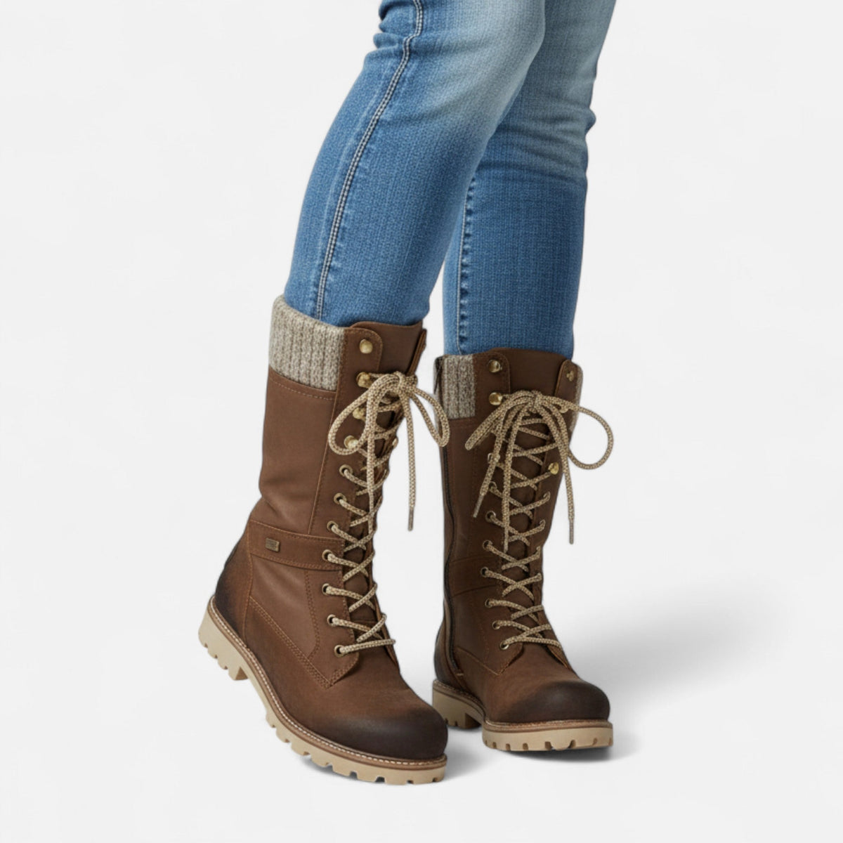 Women's winter lace-up boots with knitted cuffs and flat lug soles